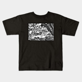 Black and White Boat House in a Lake Kids T-Shirt